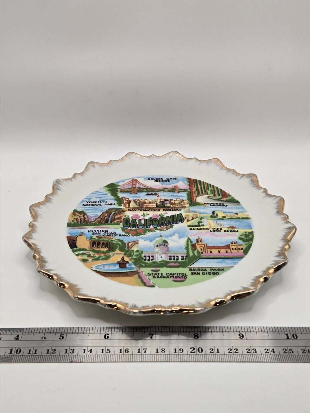 Vintage California State Souvenir Decorative Plate with Gold Scalloped Rim